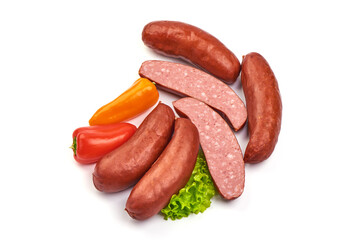 Smoked pork sausages, isolated on white background.