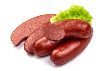 Smoked German Sausages, isolated on white background.