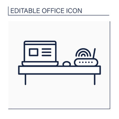 Workplace line icon. Modern workspace. Comfortable desk, wi-fi router and laptop for productive work. Office concept. Isolated vector illustration. Editable stroke