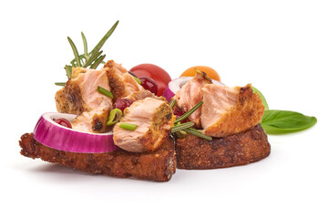 Sandwich with salmon, pinchos with fish, isolated on white background.