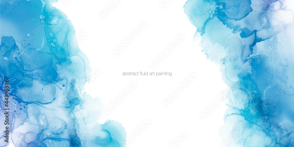 Poster abstract blue painting by watercolor and alcohol ink texture isolated on white background with empty