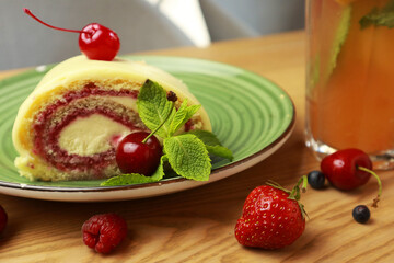 Tasty meringue roll in cafe