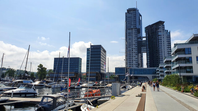 Gdynia, Poland - July 4, 2021: Motorboats and boats in a new modern marina in Gdynia, Poland.