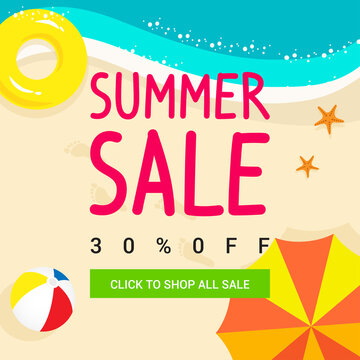 Summer sale vector illustration, Top view of beach with summer elements 