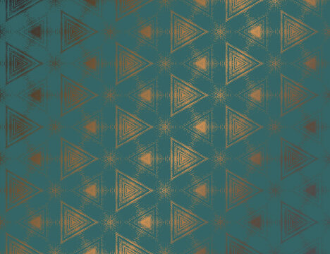 Geometric abstract teal metallic gold sheen textured kaleidoscopic hexagonal pattern. Symmetrical luxury ornament for digital paper, wallpaper background, packaging design. Vector illustration.