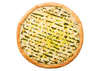 Pizza with chicken and pesto isolated on white background. Top view.