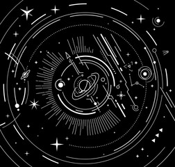 Vector abstract space illustration with star, planet and white line