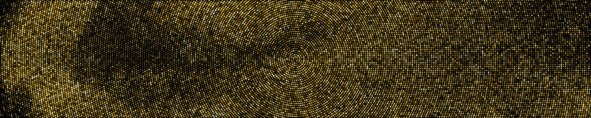Fototapeta na wymiar Gold Glitter Halftone Dotted Backdrop. Abstract Circular Retro Pattern. Pop Art Style Background. Golden Explosion Of Confetti. Wide Horizontal Long Banner For Site. Vector Illustration, Eps 10. 