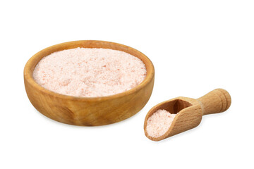 Himalayan salt in wooden bowl isolated on white background