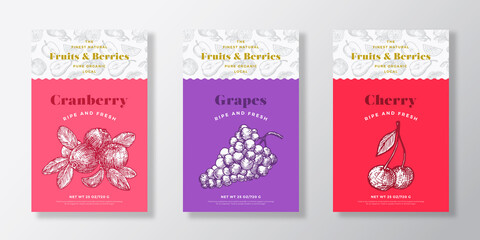 Fruits and Berries Pattern Label Templates Set. Vector Packaging Design Layout Collection. Modern Typography Banner with Hand Drawn Cranberry, Grapes and Cherry Sketches Background. Isolated