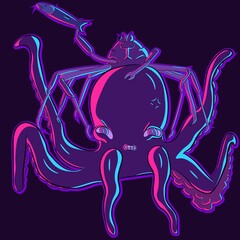 Cartoon characters under UV lights. Angry crab riding an octopus with a baracuda as a sword and being ready for battle. Ocean life and marine creatures conceptual art with neon color palette,