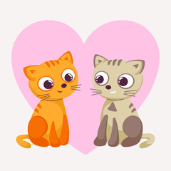 Cartoon cats vector illustration. Love of cat with big heart.