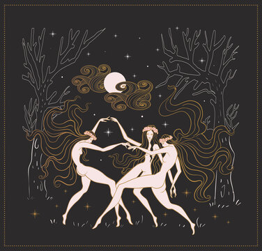 girls dancing under the full moon, occult, rituals