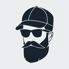 Bearded men in a baseball cap. Hipster face icon isolated. Vector illustration	