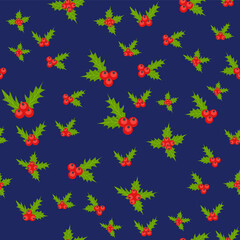 Fototapeta na wymiar Seamless Christmas Pattern with Mistletoe, Spruce Branches, Green Leaves and Berries.