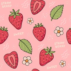 Strawberry hand drawn seamless pattern. Cute colorful strawberries with flowers and leaves in doodle style, vector illustration