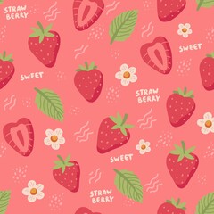 Strawberry hand drawn seamless pattern. Cute colorful strawberries with flowers and leaves in doodle style, vector illustration