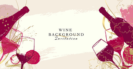 Elegant wine background design. Modern illustration wine glass and bottle with golden details.