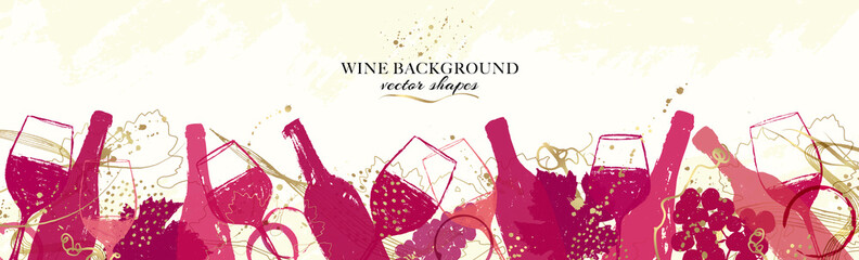 Elegant wine background design. Wide banner with illustration of wine bottles and glasses and golden details.