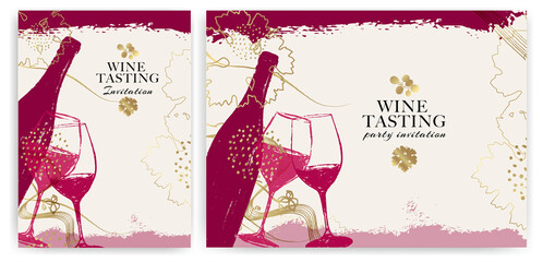 Elegant wine background design. Modern illustration wine glass and bottle with golden details. - 443858176