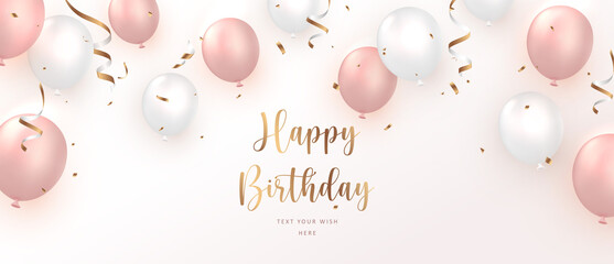 Elegant rose pink ballon and golden ribbon Happy Birthday celebration card banner template background - 443858594