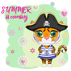 Cartoon tiger pirate in a striped T-shirt, cocked hat, with an eye patch. Summer is coming. Children's style, sweetheart. Symbol of the New Year 2022