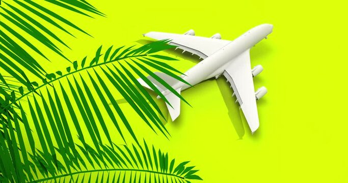 3D render aviation summer concept: Airplane flying behind palm tree leaves on vibrant yellow background with large copy space. Travel ban against Covid-19 and new delta variant has been lifted