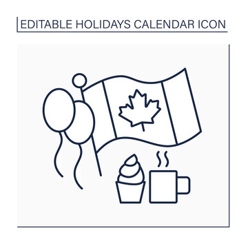 Canada day line icon. July 1. Canada independence. Traditional fireworks, parades, and parties. Flag with maple leaf emblem. Holidays calendar concept. Isolated vector illustration. Editable stroke
