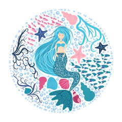 Cartoon beautiful mermaid with developing hair in a circle of seashells, algae, bubbles. Siren. Marine theme