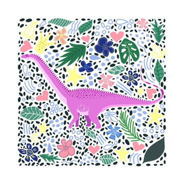 Marsh diplodocus, prehistoric dinosaurs collection. Ancient animals. Hand drawn. In a frame of flowers and leaves.