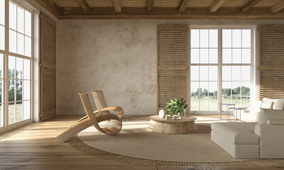 Scandinavian farmhouse style beige living room interior with natural wooden furniture. Mock up wall background. 3d render illustration. © Viktoria Kovalchuk