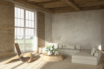 Scandinavian farmhouse style beige living room interior with natural wooden furniture. Mock up wall background. 3d render illustration.