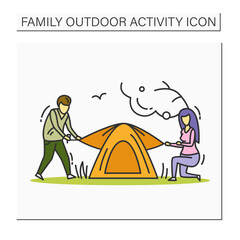 Pitching tent color icon. Father and mother camping together. Family tourism, hiking trip. Outdoor summer activity concept. Isolated vector illustration
