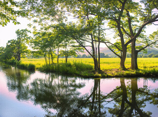 Summer landscape near the old river channel against the background of trees, fields and mountains. Mirror image of vegetation