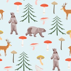 Seamless childish pattern with cute bears, deers in the wood. Creative autumn forest texture for fabric, wrapping, textile, wallpaper, apparel. 