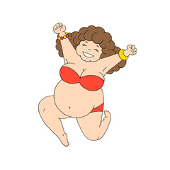 Cheerful woman in a curvaceous swimsuit. Leap for joy. Happiness. Excess weight. Body positive. Summer. Beach. Vector. Doodle. Hand-drawn illustration.