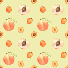 Apricots and peaches on light green background. Seamless pattern, hand drawn watercolor elements. 