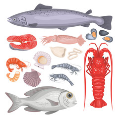Set of seafood in cartoon style: fish, lobster, shrimp, squid, mussels, scallops.