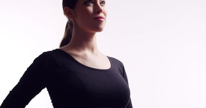 Close up pano of happy fit young pregnant caucasian brunette woman expecting a baby isolated on white background. Waiting for a baby concept. Woman gentle moves