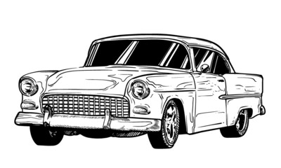 hand drawn illustration of retro American car. Traditional Cuban automobile.