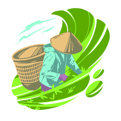 Women picking tea on terraced fields in Asia. Traditional agriculture. Green horizontal landscape