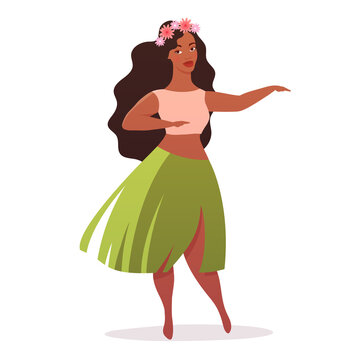Young woman hula dancer in traditional hawaiian skirt and floral wreath on her head. Vector illustration isolated on white background