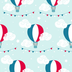 Seamless french pattern with Air Balloons, flags and curly clouds. Hand drawn decor in national tricolor. Vector illustration for France, trip and adventure.