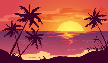 Fototapeta na wymiar Tropical beach with palm trees and sea. Beautiful view in summer. Vector illustration