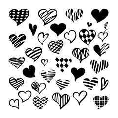 Doodle black hearts. Big set of love symbols. Valentine's Day and wedding backgrounds collection. Vector illustration