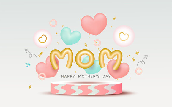 Happy mother's day decoration with 3d heart shape balloon, pink podium, bubble and lovely elements