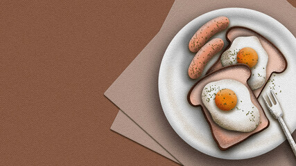 Bread, Egg, and sausage Breakfast  illustration with Watercolor Paper Textured Landscape Background