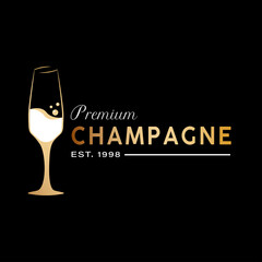 Premium Champagne Glass Logo Design. With gold color on black background