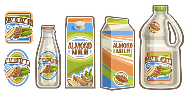 Vector Set of Almond Milk, lot collection of cut out illustrations labels with half and whole almond beans, cartoon bottle with white liquid, cardboard milk boxes and plastic large bottle with handle.