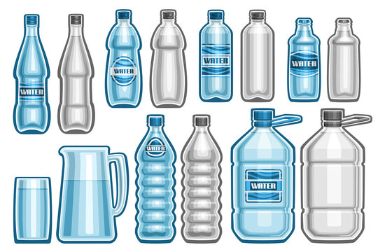 Vector Set of Water Bottles, lot collection of cut out illustrations assorted plastic and glass bottles with metal lid, blue jug and glass and plastic large bottle with handle on white background.
